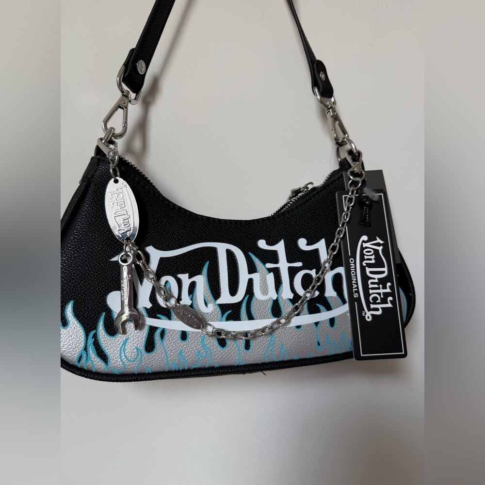 Von Dutch Black Shoulder Bag with silver Blue Flames and silver chain charms - Picture 2 of 4